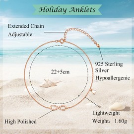 Deyanse Ankle Bracelets for Women, Women's Anklets 925 Sterling Silver, Adjustable 22+5cm Ankle Chain, Silver Anklet with Heart and Infinity, Summer Beach Foot Chain Jewellery Gift for Girls Rose Gold