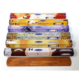 Satya Incense Sticks Hexa Fragrances - Bulgarian Lavender, Opium Sandalwood, Apple Cinnamon, Red & White Rose, Egyptian Musk, Palo Santo White Sage - 120 Sticks (6 x 20) with JRose Incense Burner
