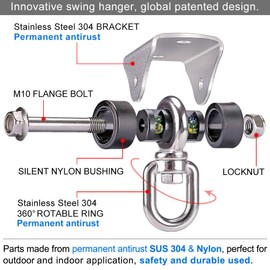 BeneLabel Set of 2 Permanent Antirust Stainless Steel Silent Heavy Duty Swing Hanger, 1000 LB Capacity, 4 Screws for Wooden, Yoga Hammock Chair Sandbag Swing Sets, 360° Swing