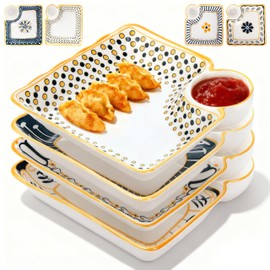 Noamus 4 Pack Dumpling Plate with Dipping Saucer, 7.5" Ceramic Japanese Sushi Platter, Colorful Square Serving Plate with Dish for Home Kitchen, Snack Dessert Salad Fries Fruit Gyoza