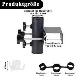 Sonnenschirmhalter Balkongeländer mit Haken,Balkon Schirmhalterung schwarz,Sonnenschirm Halterung Einstellbar,Sonnenschirm Halterung Balkongeländer Ø23-38mm, für Garten Terrasse Balkon Geländer