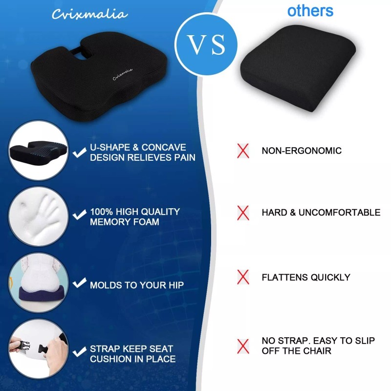 Cvixmalia Seat Cushion Premium Memory Foam Non-Slip Coccyx Tailbone Cushion