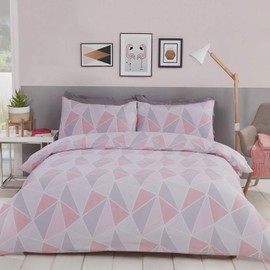 MyHome Geometric Single Duvet Quilt Cover Bedding Set Pink/Grey, 1x 135 x 200cm & 1 x Pillow Case 50 x 75cm