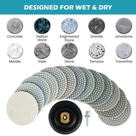 15Pcs Diamond Polishing Pads Kit 4 inch Wet/Dry Polishing Pads 50-8000 Grit Hook and Loop Grinding Discs for Granite Stone Concrete Marble Grinder Tools Accessories for Polisher Grinder