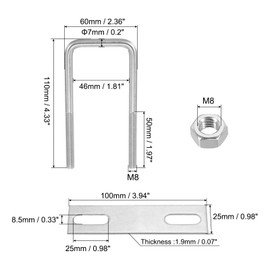 PATIKIL M8x45x110mm Square U-Bolts Kit, 2Set 304 Stainless Steel Square U Shaped Bolts Replacement Parts with Frame Plates and Nuts for Ski Board Sailboat Trailer