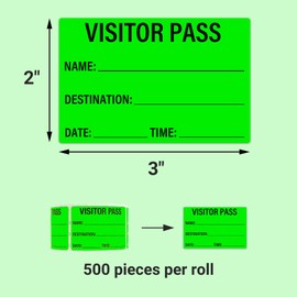 Visitor Labels Pass - Safety Identification Badge Stickers, Fluorescent Guest ID Tags for School Church Store Business Factory Clinic, 3"L x 2"W, 500 Per Roll
