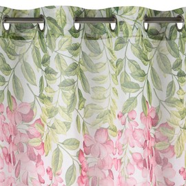 Eurofirany Julieta 382706 Transparent Flower Curtain with Eyelets Light Linen Look Living Room Kitchen Children's Room Bedroom Window Curtain 140 x 250 cm White and Pink