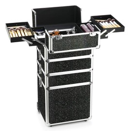 OUDMAY Makeup Case - 4 in 1 Professional Cosmetics Rolling Train Organizer with Aluminum Frame and Folding Trays Black Diamonds