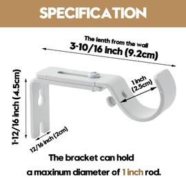 AddGrace Adjustable Curtain Rod Bracket Fits up to 1 inch Curtain Rod Sturdy Premium Brackets for Wall Set of 2 White