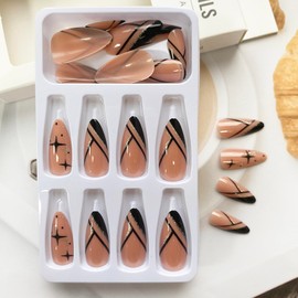 Fall Press on Nails Medium Length Almond Fake Nails French Tip False Nails with Glitter Lines Gold Foil Designs Acrylic Artificial Nails Black Nail Tips Glossy Autumn Press on Nails for Women Girls