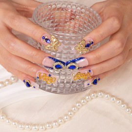 LOVFUL Press on Nails Virgo Blue French Tip| Handmade with Full Covered Crystals | Reusable Fake Nails | Square Regular 1.0 in | H164S
