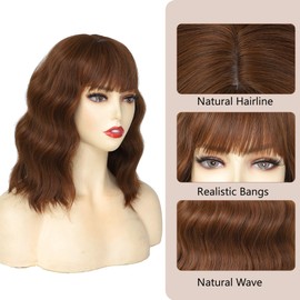 Miuric Brown Wig with Bangs Auburn Wigs for Women Short Wavy Light Brown Wig Shoulder Length Curly Bob Synthetic Wig Heat Resistant Fiber Wigs for Daily Party Use (14 Inches)