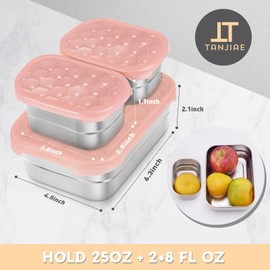 Tanjiae Small Stainless Steel Lunch Containers for Kids | Leak Proof Snack Containers with Silicone Lids - Perfect Metal Lunch Box with Lids for School and Daycare (25oz+8oz*2)