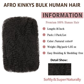 Xtrend 16 Inch 1 Pack 30g Afro Kinkys Bulk Human Hair For Mini Braiding Twists， Loc Extensions & Crochet, Kinky Curly Hair Bundles, Natural Color Afro Bulk Human Hair for Dreadlocks