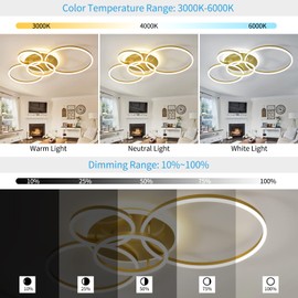 Modern LED Ceiling Light 90W Dimmable Ceiling Light Fixture with Remote Control 5 Rings Flush Mount Ceiling Light Gold Acrylic Chandelier LED for Living Room Bedroom Kitchen Light fixtures(4+1G01)