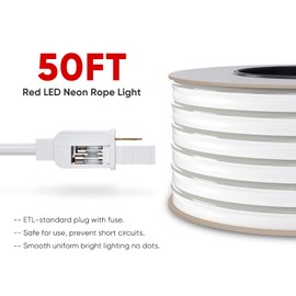 Shine Decor LED Neon Rope Lights Connectable, 50FT Flexible AC 110V 120V Neon LED Strip Lights(Red Color) Outdoor Waterproof, 15M ETL Plug&Play Neon Strings Lighting 120LED/M for Home Party Commercial