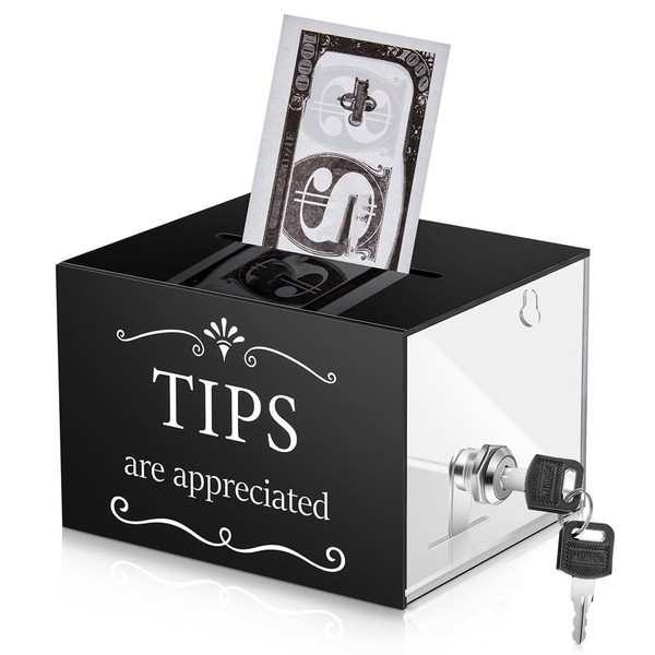 AWAOVV Acrylic Tip Jar with Lock 6"x4"x5", Black Donation Box,