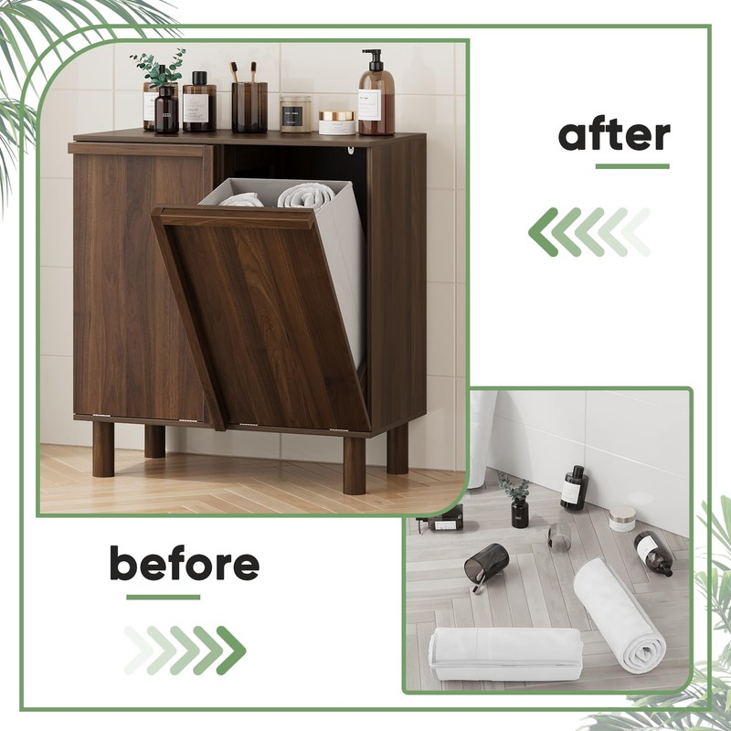 Smuxee Double Tilt Out Laundry Hamper Cabinet, Walnut Hidden Laundry