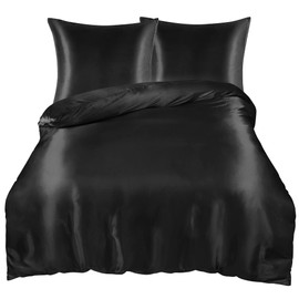 PiccoCasa Satin Bed Linen 155 x 200 cm Black 3-Piece Plain Smooth Luxury Silk Duvet Cover with Zip and Pillowcase 80 x 80 cm Cuddly Soft Bedding Sets