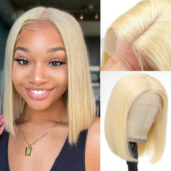 PORSMEER Short Blonde Bob Wigs for Women Afro,Realistic Looking T Part Lace Front Wigs Natural Synthetic Heat Resistant Hair Wig,613 light blonde,12inch