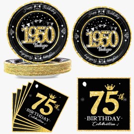 algpty 60 PCS Vintage 1950 Birthday Plates and Napkins Set, 75th Birthday Decorations Black and Gold, Service for 30,75th Birthday Party Supplies, 75th Birthday Plates and Napkins for Men Women