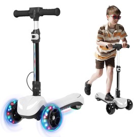 3 Wheel Electric Scooter for Kids, Electric Kick Scooters with Powerful Motor, 21V Battery, Thumb Throttle, 5mph Safe Speed, LCD Screen, Light Up Stem Deck & Wheels, White