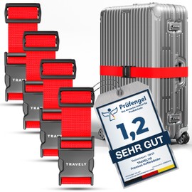 Travely® Premium Luggage Strap – Particularly Eye-catching and Safe – Includes 2 Name Badges – Suitcase Strap Ideal Cross – [Set of 4] – Red