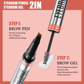 Microblading Eyebrow Pen - 2-in-1 Dual-Ended Eyebrow Pen with 4-Fork-Tip & Eyebrow Brush and Sealing Brow Gel, Creates Natural Looking Brows Effortlessly (Grey)