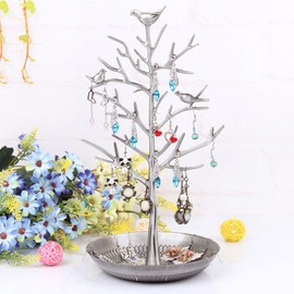KUKI SHOP Tree Jewelry Stand Rack Metal for Earrings Rings Necklaces Bracelets Holder Tower Organizer Display Hanger Stand Rack with Plate for accessories, Silver