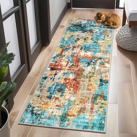 Runner Rug 2x8, Blue Colorful Modern Abstract Washable Kitchen Runners for Hallway Laundry Room, Ultra-Thin Soft Non-Slip Rug Runners for Entryway Bedroom (Blue Colorful, 2'x8')