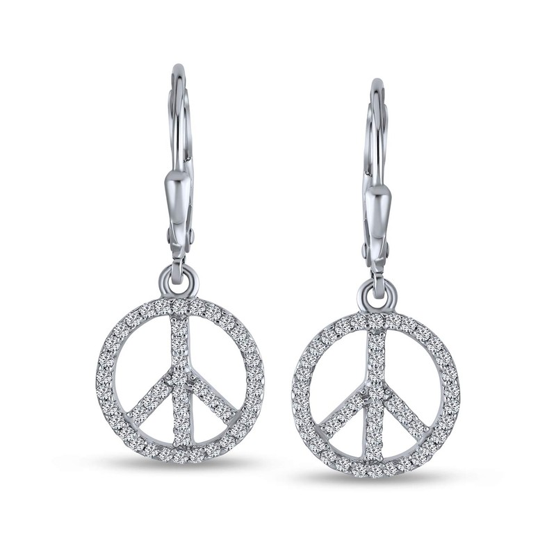 Message World Peace Sign Symbol Cubic Zirconia Pave CZ Lever