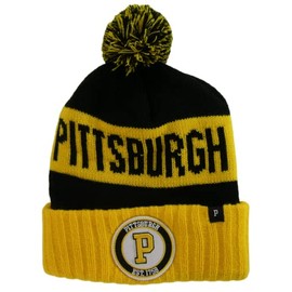 Pittsburgh City Name Ribbed Winter Knit Pom Beanie Hat (Black/Gold)