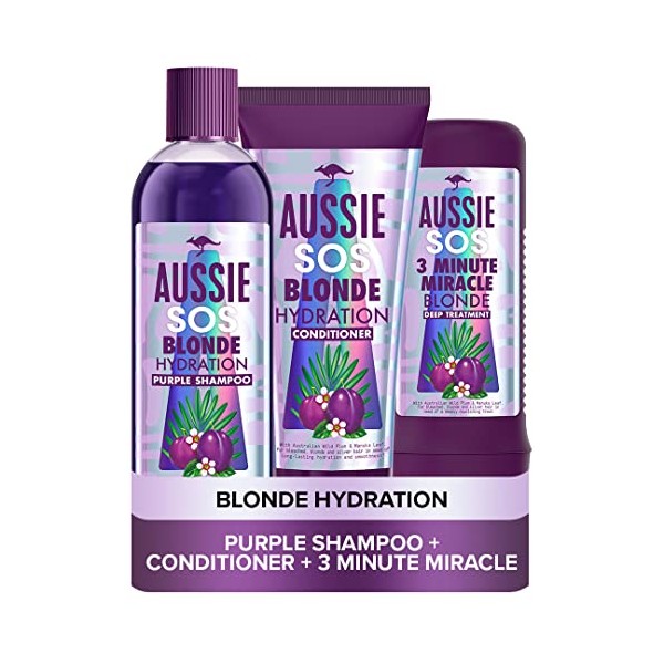 Aussie Blonde Purple Shampoo and Conditioner Set + Hair Mask, Silver & Blonde Shampoo & Hair Conditioner + 3 Minute Miracle, 290ml/200ml/250ml, Packaging May Vary