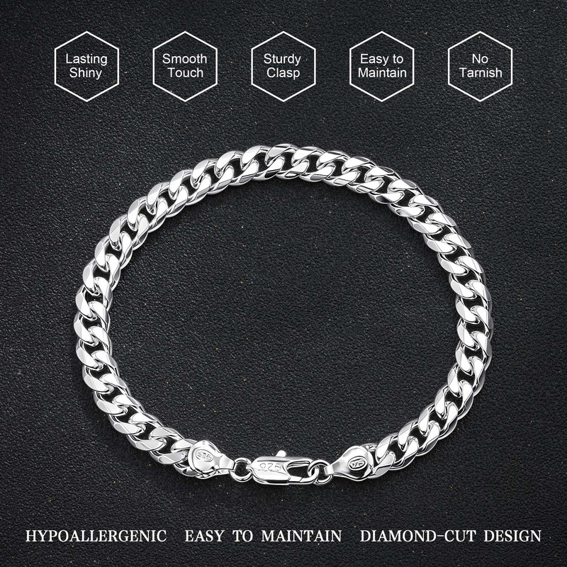 HIMSTORY Silver Bracelet for Men, 7mm 925 Sterling Silver Cuban