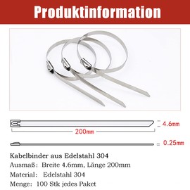 Pack of 100 Steel Cable Ties, Stainless Steel Cable Ties with Locking Function, Silver Stainless Steel Cable Ties, Stainless Steel Metal Cable Ties, Fastening 4.6 x 200 mm