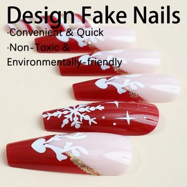 BABALAL Press on Nails Long Fake Nails Coffin Glue on Nails Red French Snowflake Design Glitter Acrylic Nails 24Pcs Ballerina Manicure False Nails