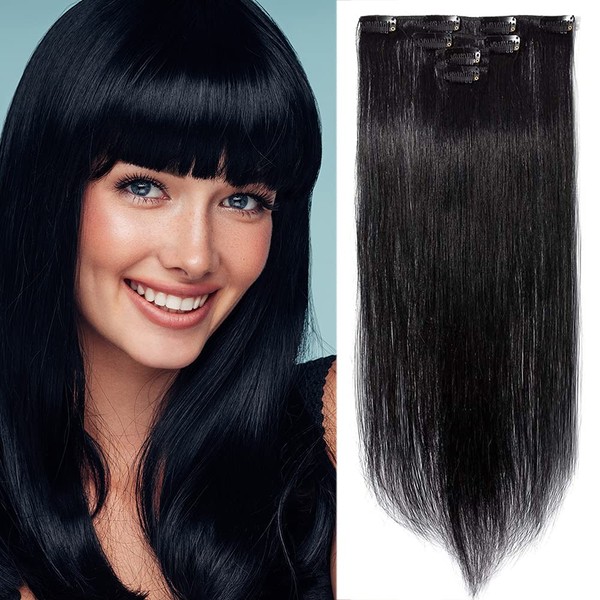 Clip-In Hair Extensions, 100% Remy Real Hair, 4 Wefts, Double Thick Hairpiece, Straight, 14 inches (35 cm), 40 g, Black #1