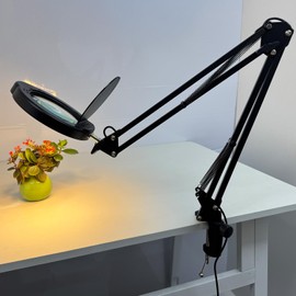 15X Magnifying Glass Desk Lamp with Clamp, Real Glass Lens with Dust Cover, 84 LEDs, 5 Color Modes, 10 Brightness Dimmable, Long Flexible Swing Arm Magnifier for Reading, Crafting, Repair, Close Works