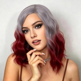 14" Short Gray-Dark Red Ombre Wig Fun Curly wig For Women Heat Resistant Fiber Wigs Halloween Cosplay Daily Party+Cap (Gray-Dark Red Ombre)