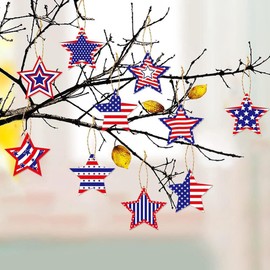 12Pcs 4th of July Decorations Patriotic Star Hanging Ornaments with Ropes, Red White Blue Stars Garland for Independence Day, Memorial Day, American Flag Party Decor for Home Tree Wall Fireplace