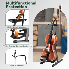 ROWELL Violin Stand Violin Stand with Bow Holder Foldable Portable Viola Stand Height Adjustable Violin Stand with Head Protection Lock &Anti-slip Foot Covers (Black)