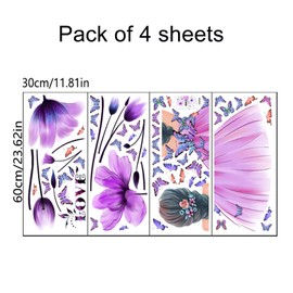 Pinenjoy Butterfly Girl Wall Stickers Flower Fairy Wall Decal Purple Tulip Floral Wall Mural Colorful Butterfly Wall Decor Removable Vinyl Wall Art for DIY Girls Bedroom Nursery Playroom