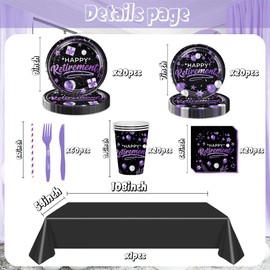 141Pcs Happy Retirement Party Decorations for 20 Guests - Purple and Black Retirement Party Plates and Napkins Forks Cups Cutlery for Men Women Say Goodbye Supplies