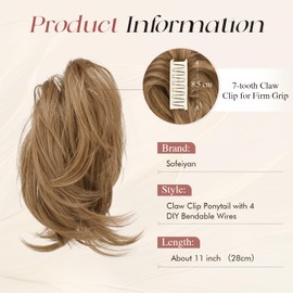 Sofeiyan Claw Clip Short Ponytail Extension DIY Bendable Wires Hair Hun Fluffy Fake Hair Piece Straight Synthetic Hair Ponytail Extensions for Wonen - Pecan