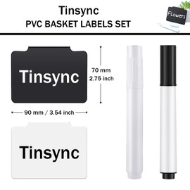 Tinsync Basket Labels Set, PVC Bin Basket Labels Clip On, Pantry Basket Tags for Storage Bins, Wicker Fabric Cubes and Containers (25 PCS Black Clip, 2 PCS White Chalk Marker, 2 PCS Cleaning Cloth)