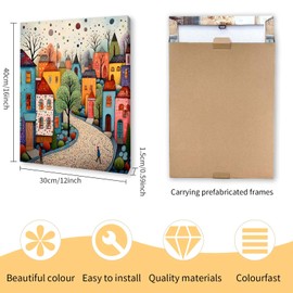 Qiukoo Framed Canvas Wall Art – Colourful Town Artwork, Waterproof Modern Print with Hook, Whimsical Wall Decoration for Living Room, Bedroom Pictures for Wall or Prints for Walls – 12x16 Inch