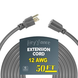 HeyYance 50 Ft Heavy Duty Outdoor Extension Cord Waterproof - 12/3 SJTW 15A 1875W Gray Extension Cable with 3 Prong Grounded Plug, Waterproof Electric Cable for Lawn, Garden, Appliances, UL Listed