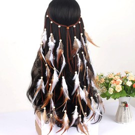 Indian Gypsy Pins Gangel Bohemian Feather Pins with White and Brown Feather Tassel Hemp Rope for Festival Hippie Costume Indian Hair Feather Women's Hair Prom Accessories