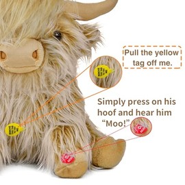 Highland Cow Stuffed Animal with Mooing Sound, 9 inch Ginger Colored, Farm Toy for Boys Girls Gift Decoration