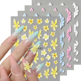 4 Sheets Flowers Nail Art Stickers Decals 5D Embossed Self-Adhesive Yellow Blue Pink White Floral Nail Stickers Spring Summer Nail Decals for Acrylic Nails Women DIY Manicure Supplies Decorations